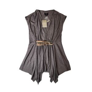Deletta Anthropologie Tunic M Brown Sequined Ribbed Bohemian Flowy Sharkbite Hem